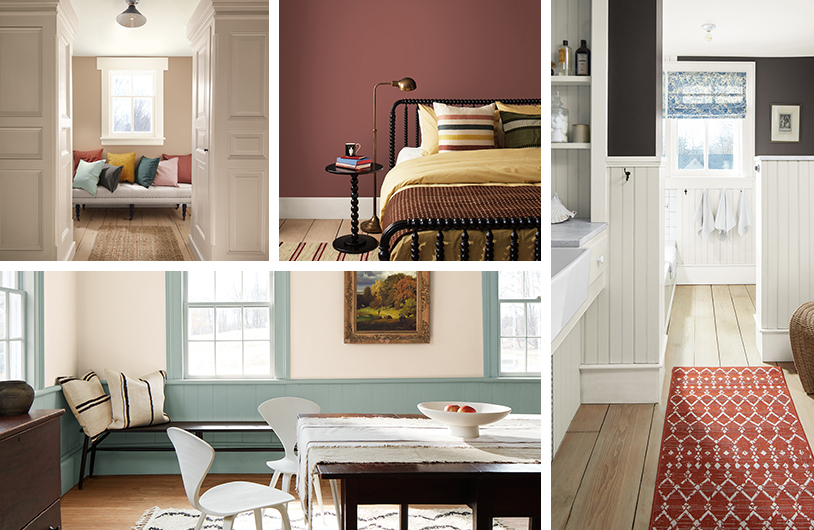 A collage of images including a hallway, dining room, and bedroom, each painted in hues from the Benjamin Moore Colour Trends 2026 palette.