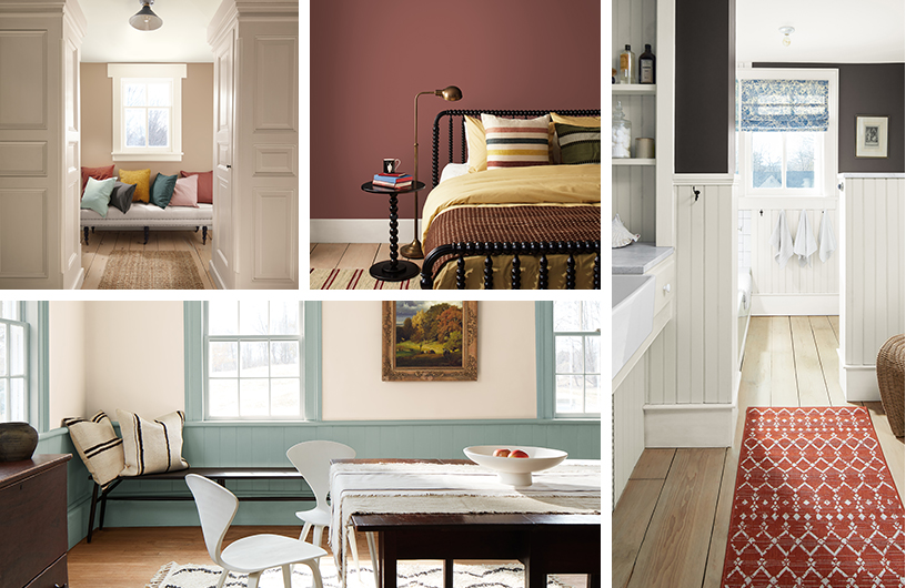 A collage of images including a hallway, dining room, and bedroom, each painted in hues from the Benjamin Moore Colour Trends 2026 palette.